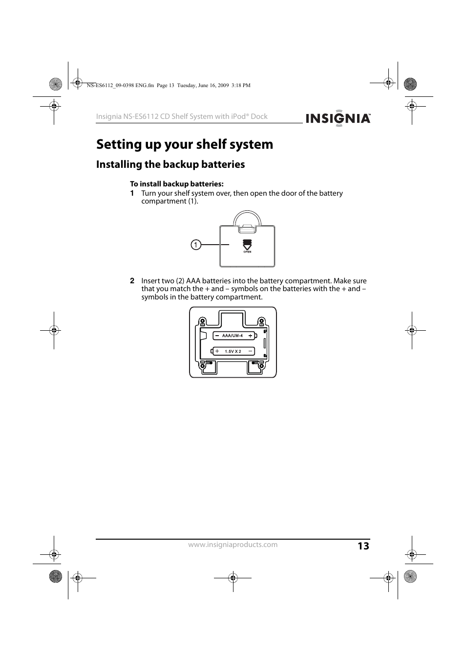 Setting up your shelf system, Installing the backup batteries | Insignia 09-0398 User Manual | Page 13 / 32