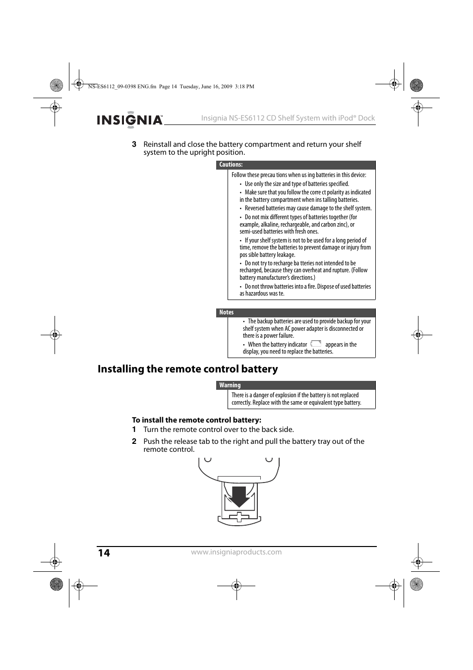 Installing the remote control battery | Insignia 09-0398 User Manual | Page 14 / 32