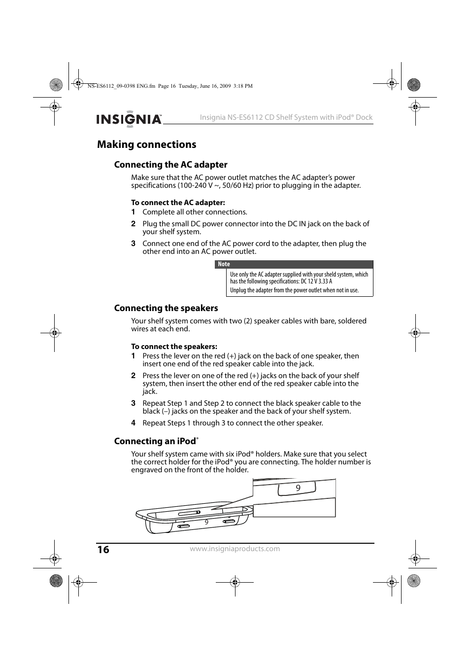 Making connections, Connecting the ac adapter, Connecting the speakers | Connecting an ipod | Insignia 09-0398 User Manual | Page 16 / 32