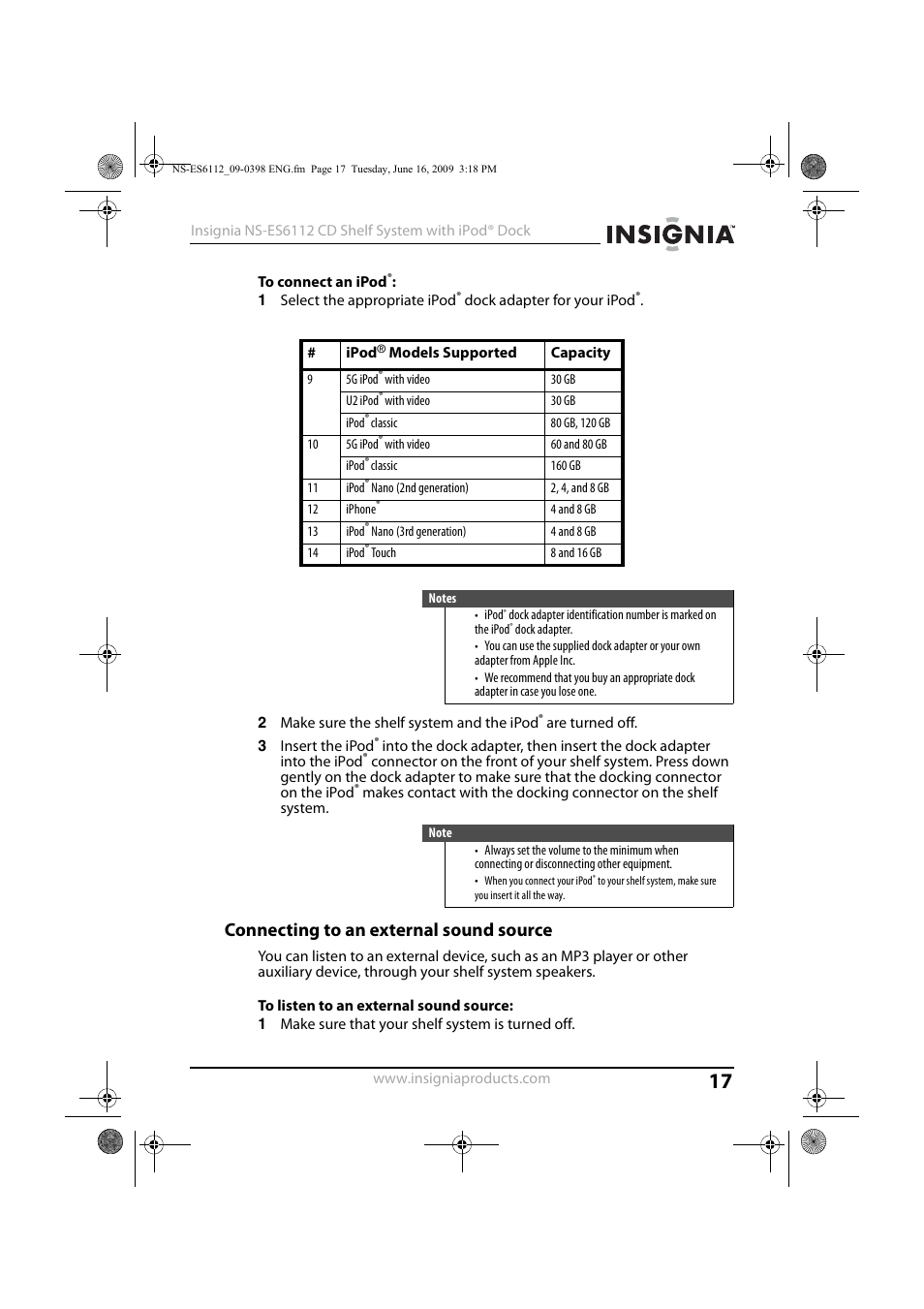 Connecting to an external sound source | Insignia 09-0398 User Manual | Page 17 / 32