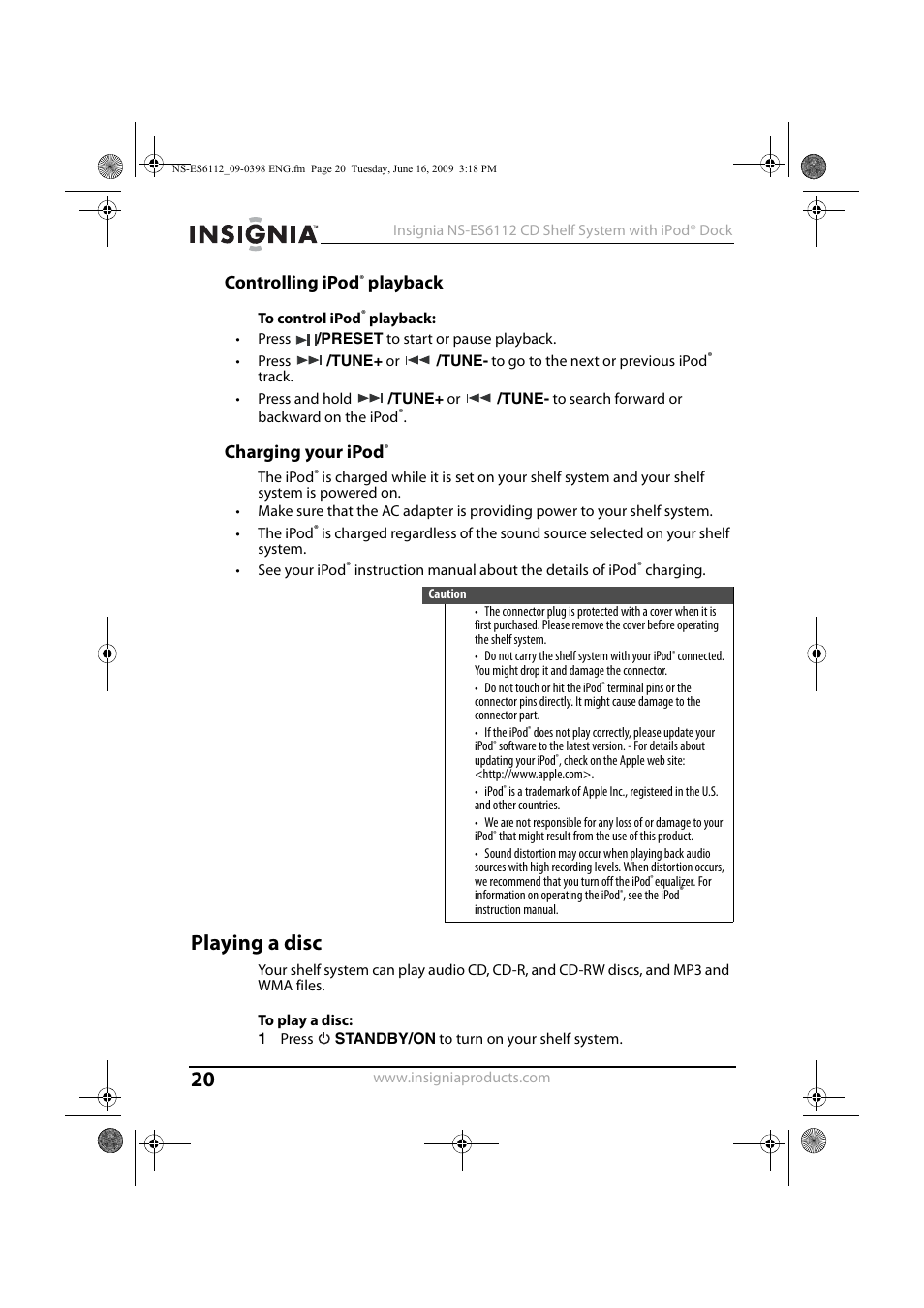 Controlling ipod® playback, Charging your ipod, Playing a disc | Controlling ipod, Playback | Insignia 09-0398 User Manual | Page 20 / 32