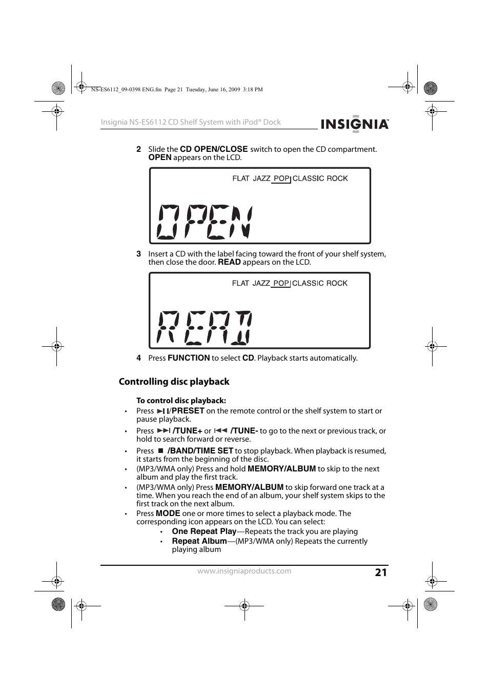 Controlling disc playback | Insignia 09-0398 User Manual | Page 21 / 32