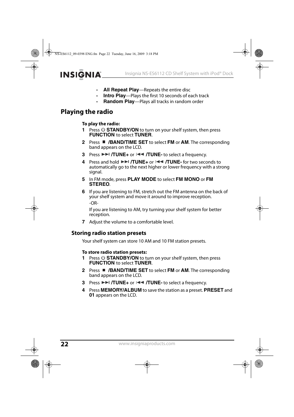 Playing the radio, Storing radio station presets | Insignia 09-0398 User Manual | Page 22 / 32
