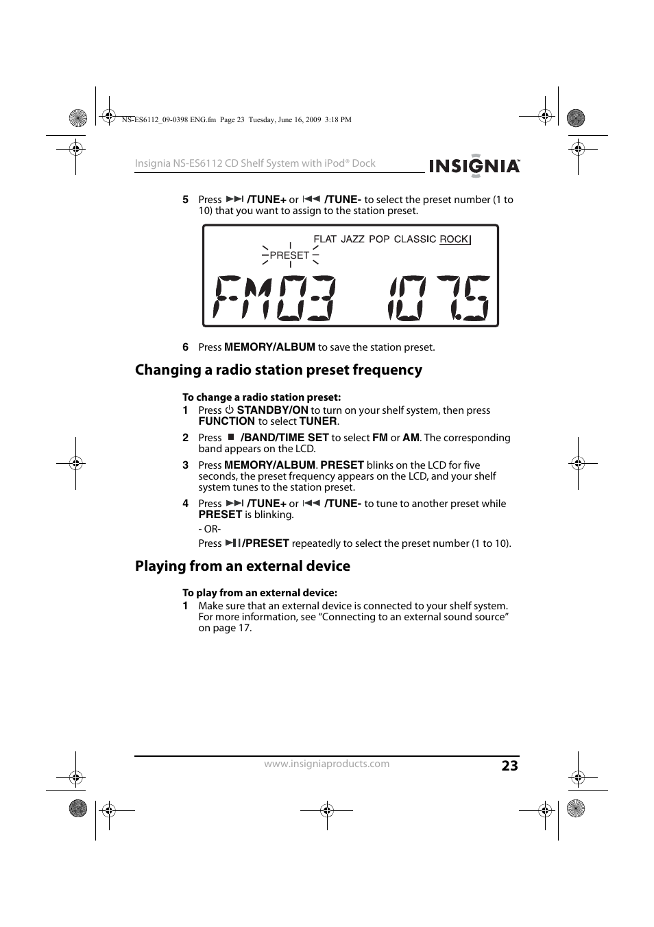 Changing a radio station preset frequency, Playing from an external device | Insignia 09-0398 User Manual | Page 23 / 32