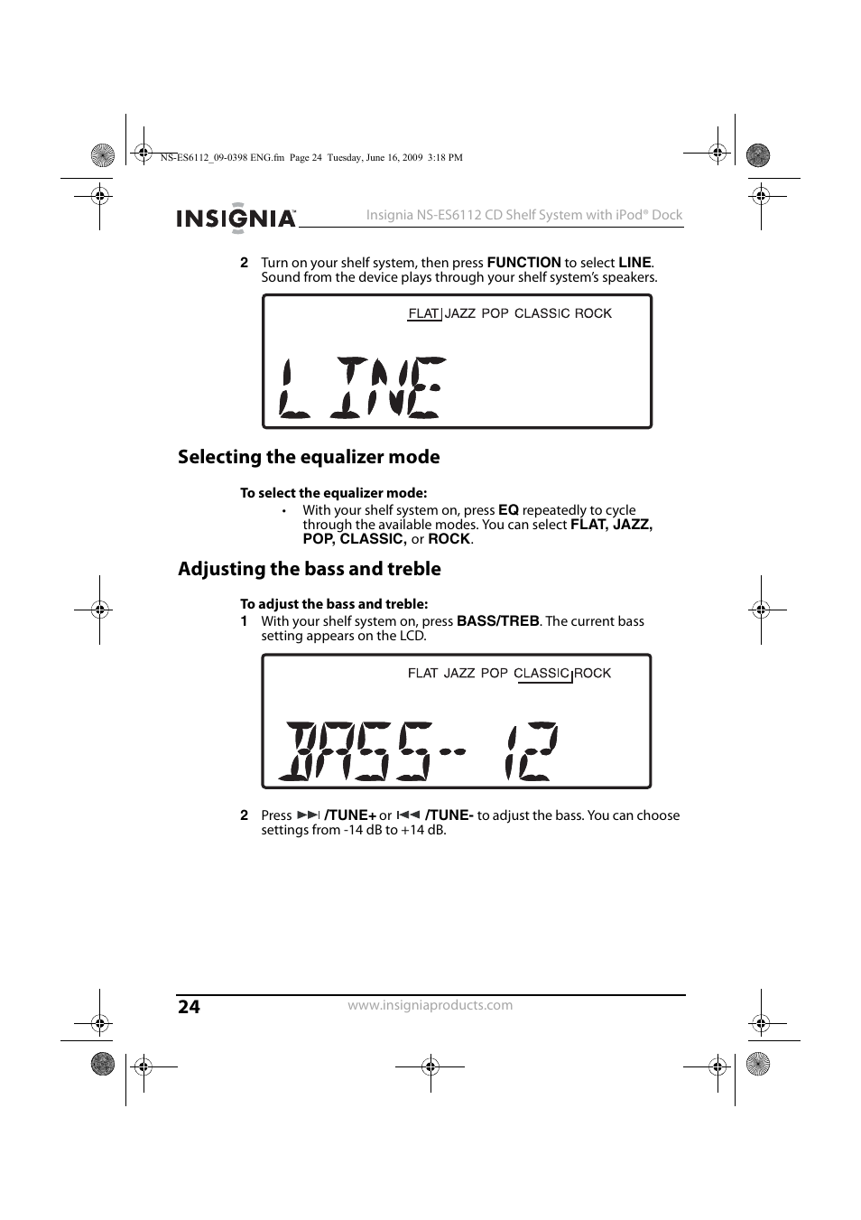 Selecting the equalizer mode, Adjusting the bass and treble | Insignia 09-0398 User Manual | Page 24 / 32