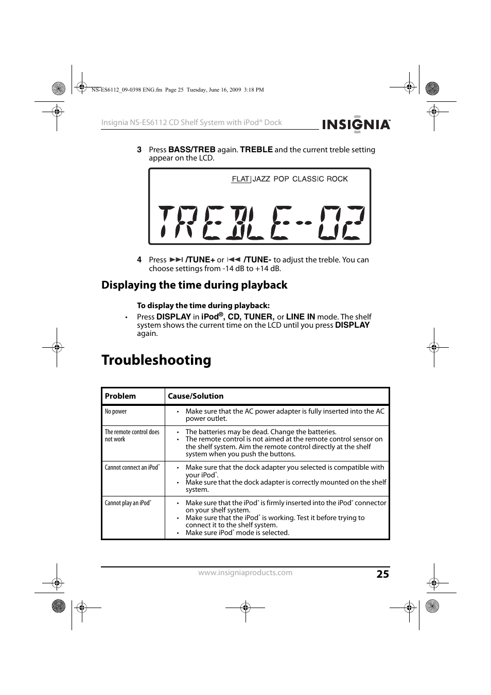 Displaying the time during playback, Troubleshooting | Insignia 09-0398 User Manual | Page 25 / 32