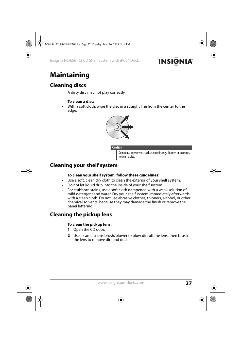 Maintaining, Cleaning discs, Cleaning your shelf system | Cleaning the pickup lens | Insignia 09-0398 User Manual | Page 27 / 32