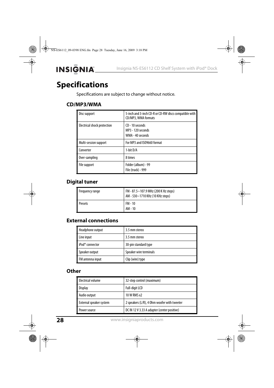 Specifications, Cd/mp3/wma, Digital tuner | External connections, Other | Insignia 09-0398 User Manual | Page 28 / 32