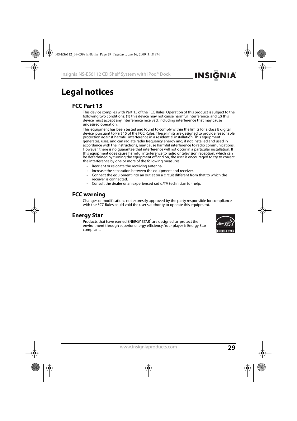 Legal notices, Fcc part 15, Fcc warning | Energy star | Insignia 09-0398 User Manual | Page 29 / 32