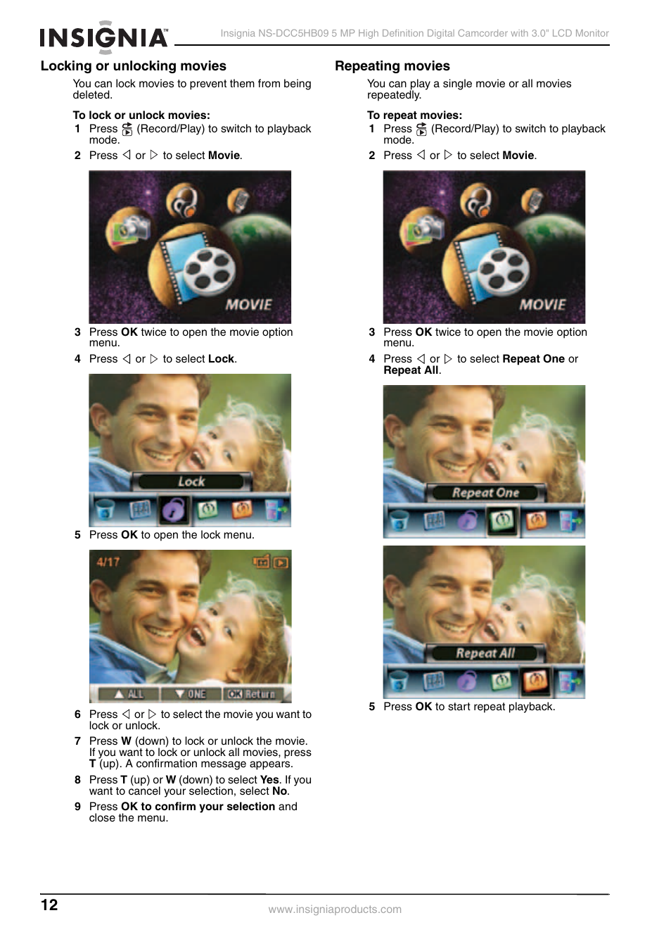 Locking or unlocking movies, Repeating movies, Repeating movies locking or unlocking movies | Insignia NS-DCC5HB09 User Manual | Page 14 / 34