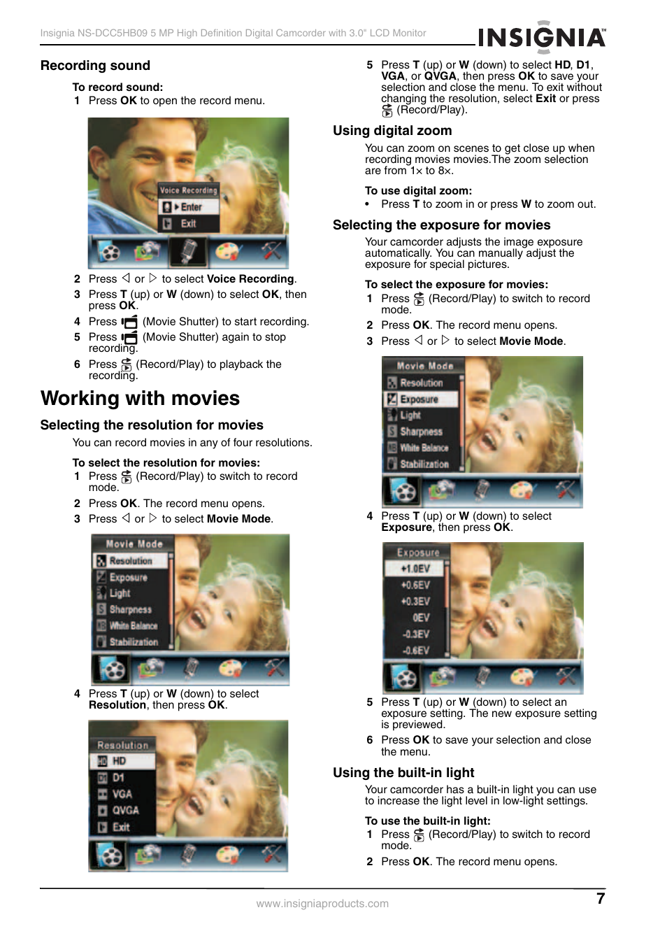 Recording sound, Working with movies, Selecting the resolution for movies | Using digital zoom, Selecting the exposure for movies, Using the built-in light | Insignia NS-DCC5HB09 User Manual | Page 9 / 34
