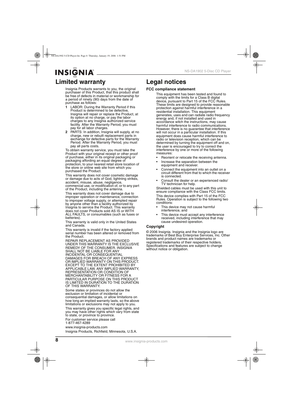 Limited warranty, Legal notices | Insignia NS-DA1902 User Manual | Page 10 / 32