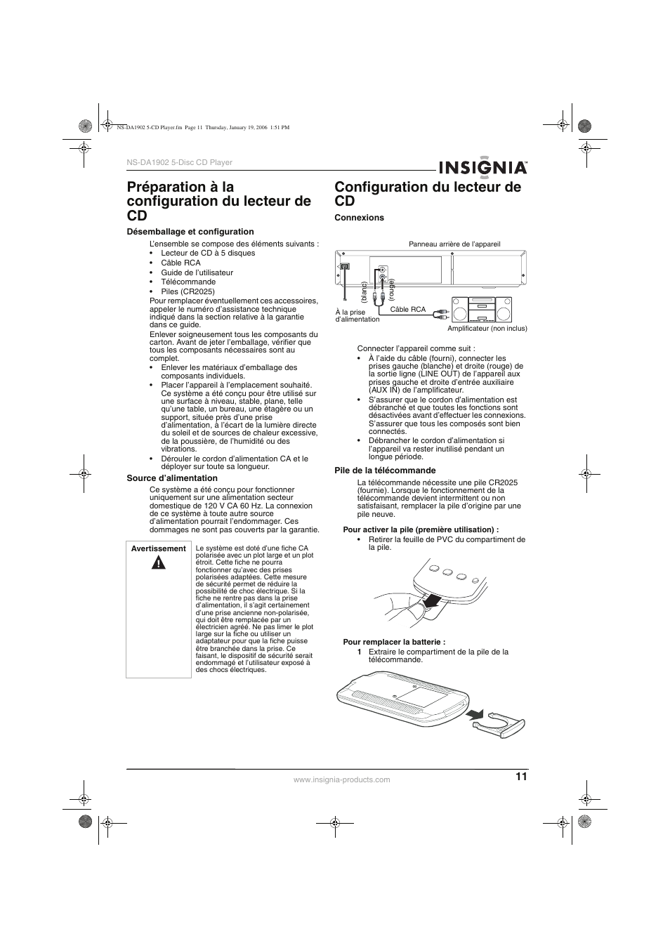 Préparation à la configuration du lecteur de cd, Configuration du lecteur de cd | Insignia NS-DA1902 User Manual | Page 13 / 32