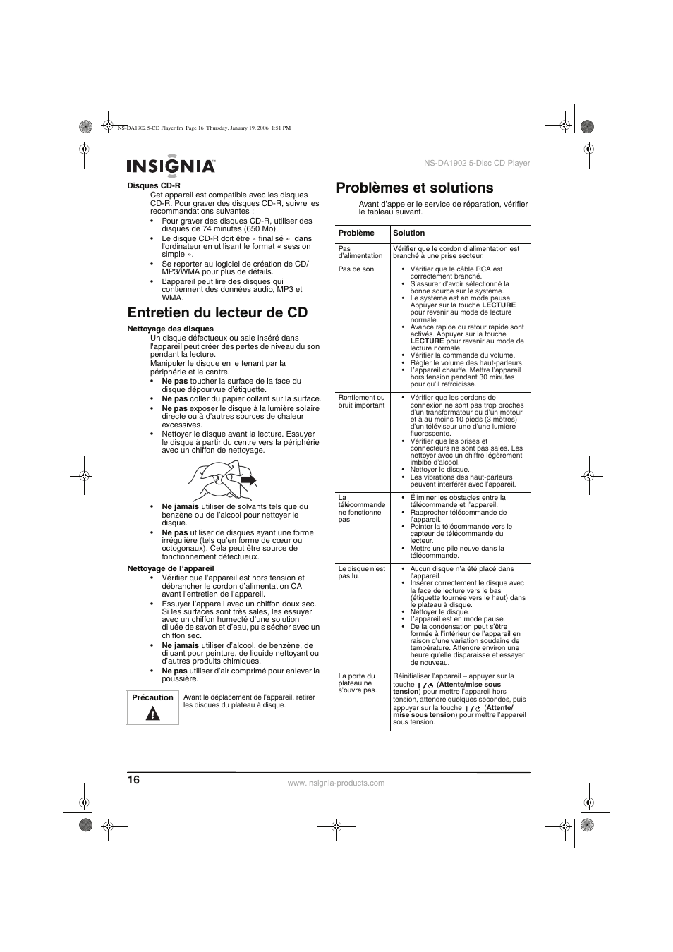 Entretien du lecteur de cd, Problèmes et solutions | Insignia NS-DA1902 User Manual | Page 18 / 32