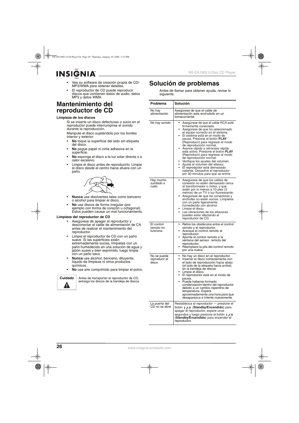 Mantenimiento del reproductor de cd, Solución de problemas | Insignia NS-DA1902 User Manual | Page 28 / 32