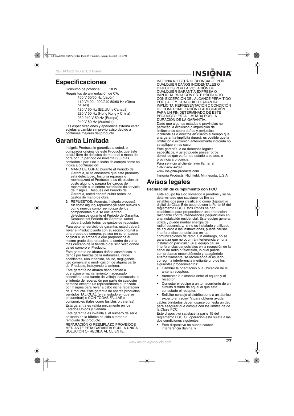 Especificaciones, Garantía limitada, Avisos legales | Insignia NS-DA1902 User Manual | Page 29 / 32