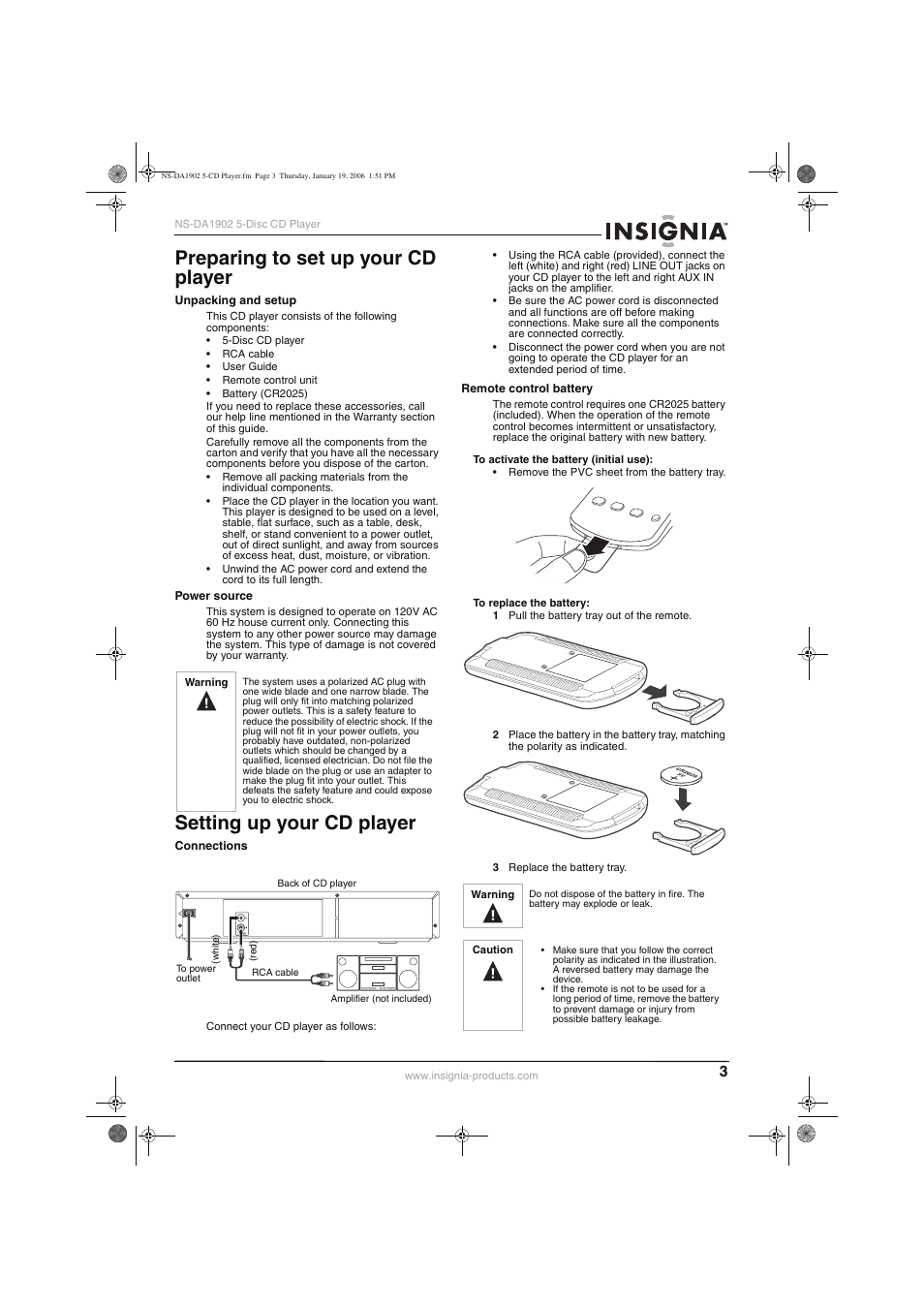 Preparing to set up your cd player, Setting up your cd player | Insignia NS-DA1902 User Manual | Page 5 / 32