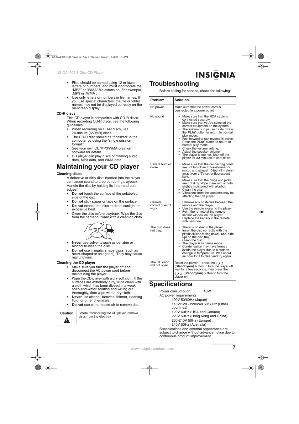 Maintaining your cd player, Troubleshooting, Specifications | Insignia NS-DA1902 User Manual | Page 9 / 32