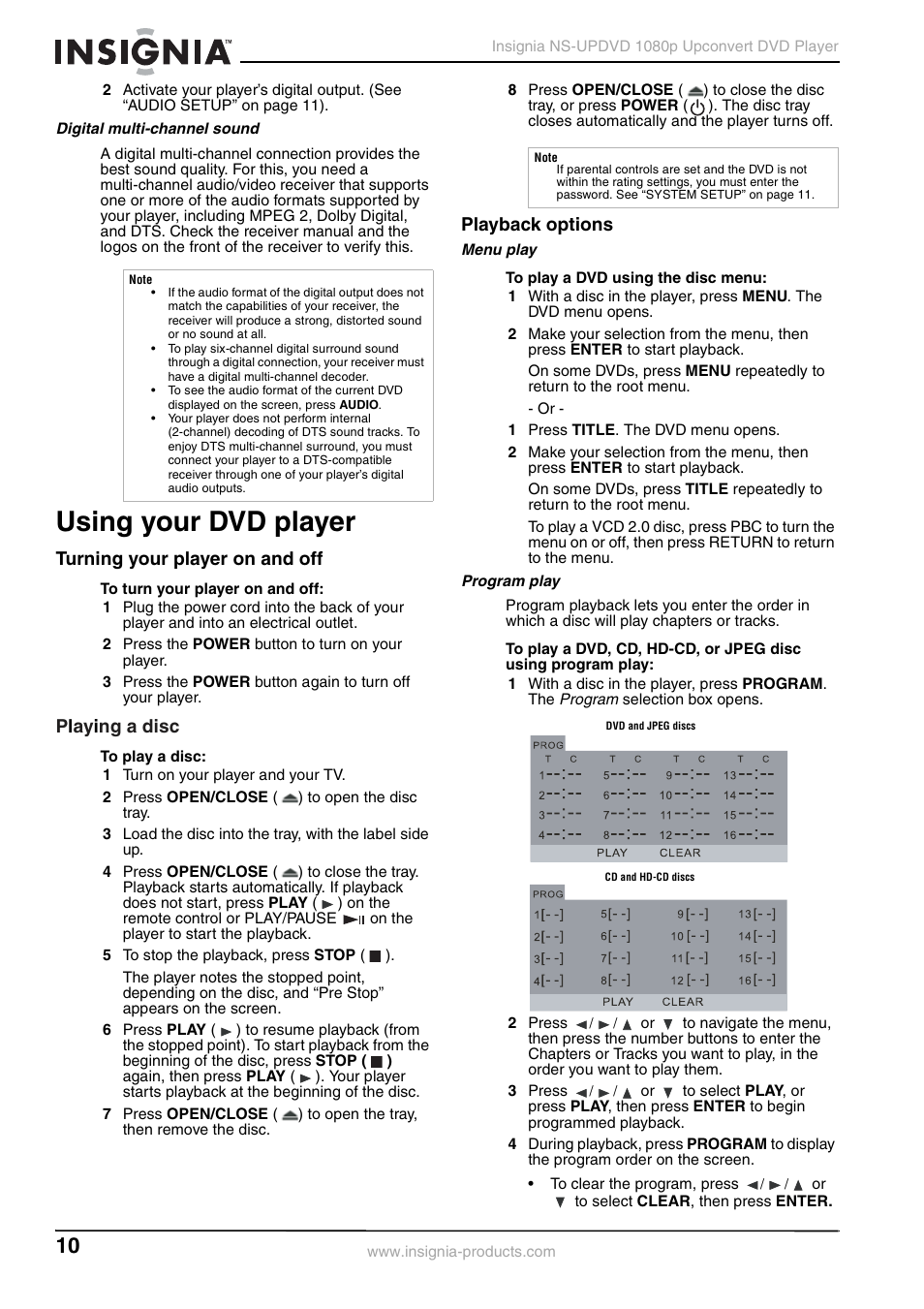 Digital multi-channel sound, Using your dvd player, Turning your player on and off | Playing a disc, Playback options, Menu play, Program play, Pl ay i ng a disc | Insignia NS-UPDVD User Manual | Page 10 / 52