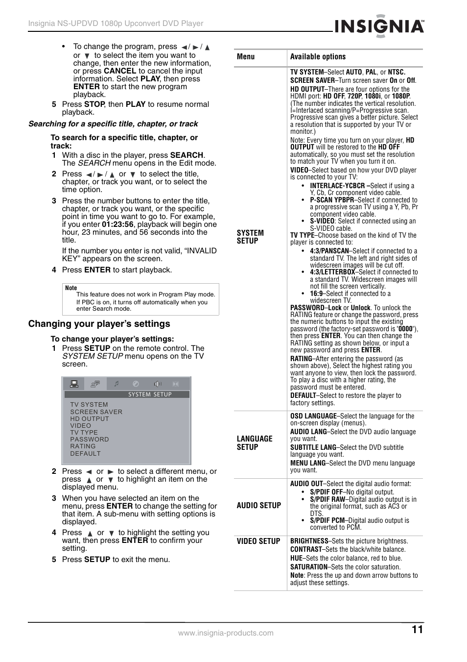 Searching for a specific title, chapter, or track, Changing your player’s settings | Insignia NS-UPDVD User Manual | Page 11 / 52
