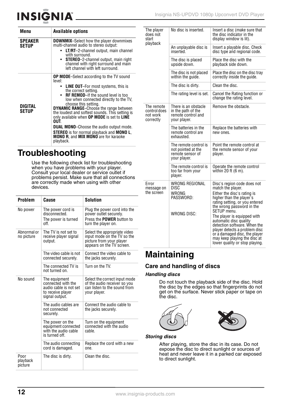 Troubleshooting, Maintaining, Care and handling of discs | Handling discs, Storing discs, Troubleshooting maintaining | Insignia NS-UPDVD User Manual | Page 12 / 52
