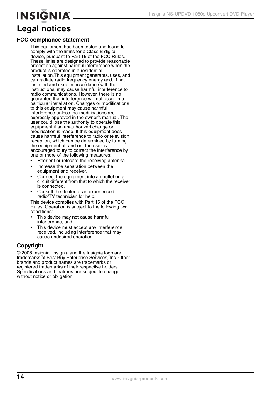 Legal notices, Fcc compliance statement, Copyright | Insignia NS-UPDVD User Manual | Page 14 / 52