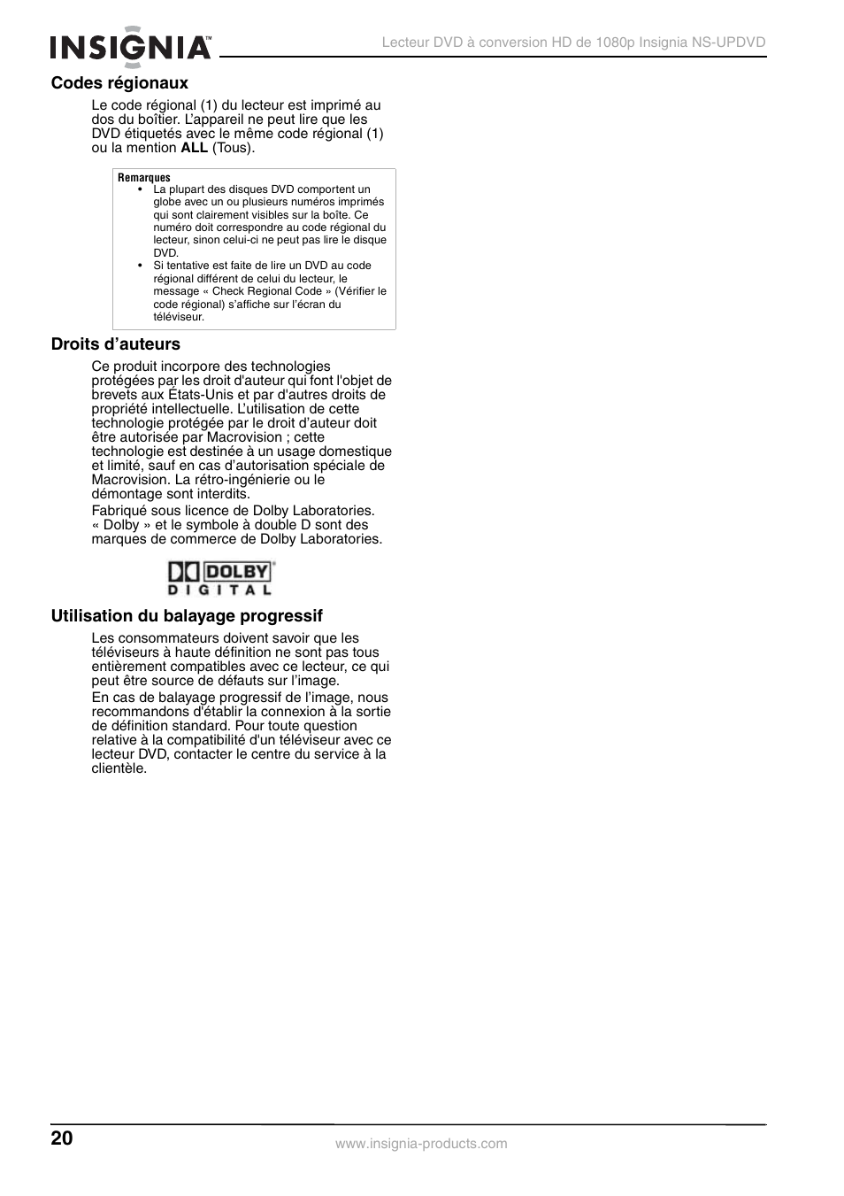 Codes régionaux, Droits d’auteurs, Utilisation du balayage progressif | Insignia NS-UPDVD User Manual | Page 20 / 52