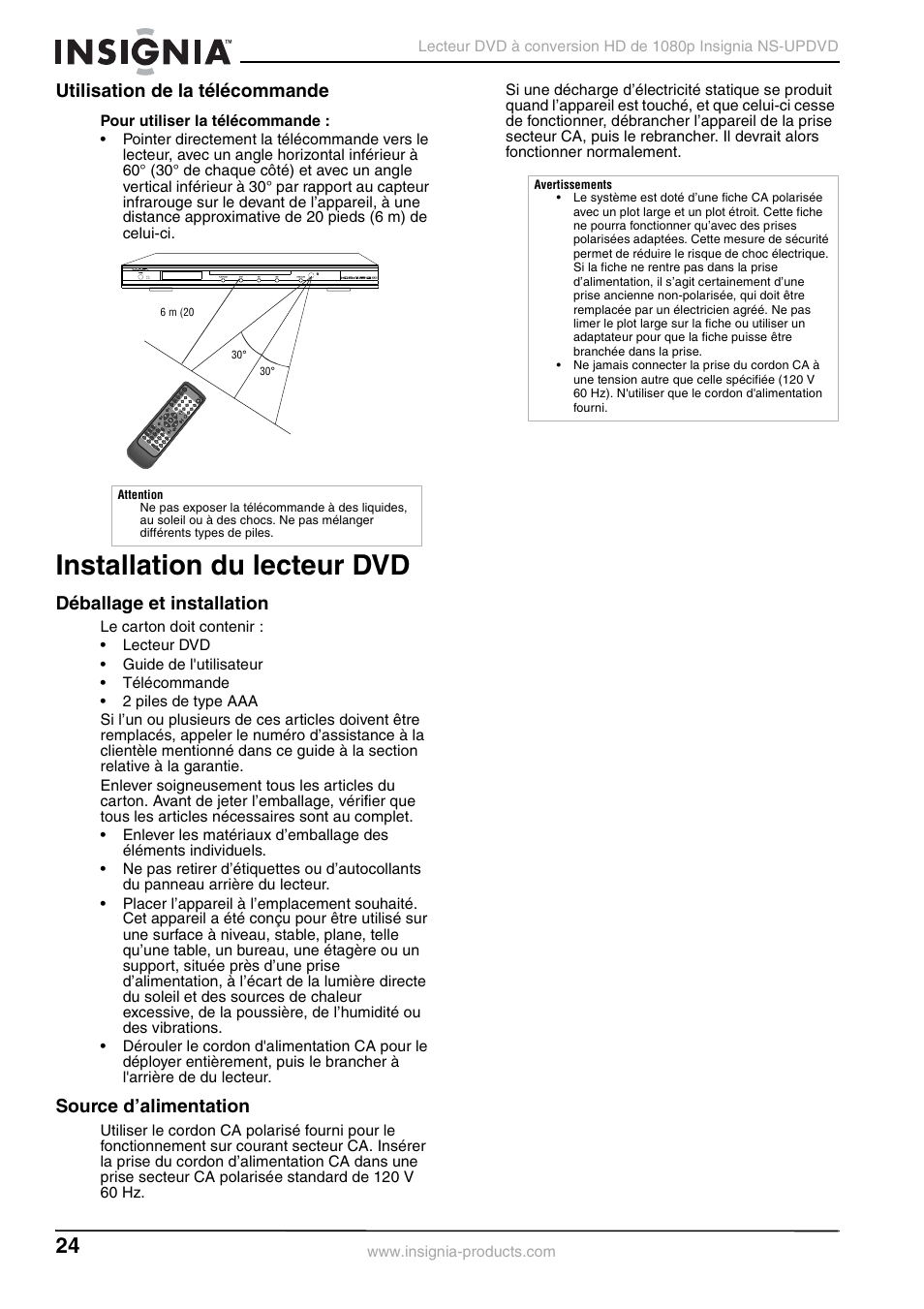 Utilisation de la télécommande, Installation du lecteur dvd, Déballage et installation | Source d’alimentation | Insignia NS-UPDVD User Manual | Page 24 / 52