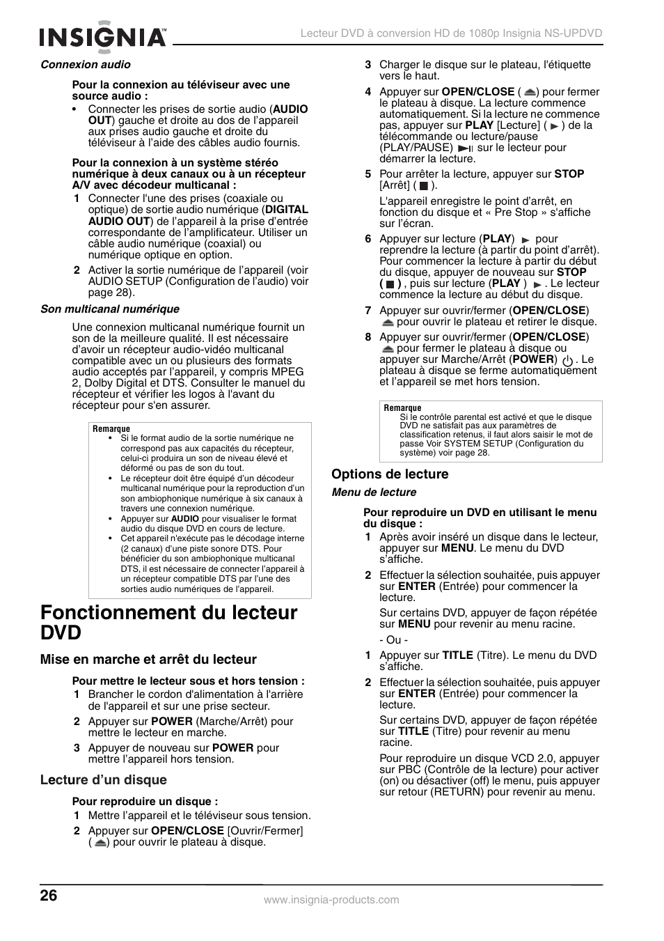 Connexion audio, Son multicanal numérique, Fonctionnement du lecteur dvd | Mise en marche et arrêt du lecteur, Lecture d’un disque, Options de lecture, Menu de lecture, Le ct u re d’un disque | Insignia NS-UPDVD User Manual | Page 26 / 52