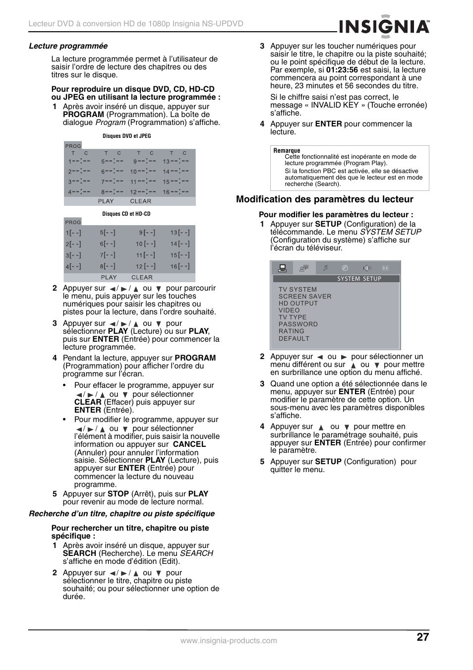 Lecture programmée, Recherche d’un titre, chapitre ou piste spécifique, Modification des paramètres du lecteur | Insignia NS-UPDVD User Manual | Page 27 / 52
