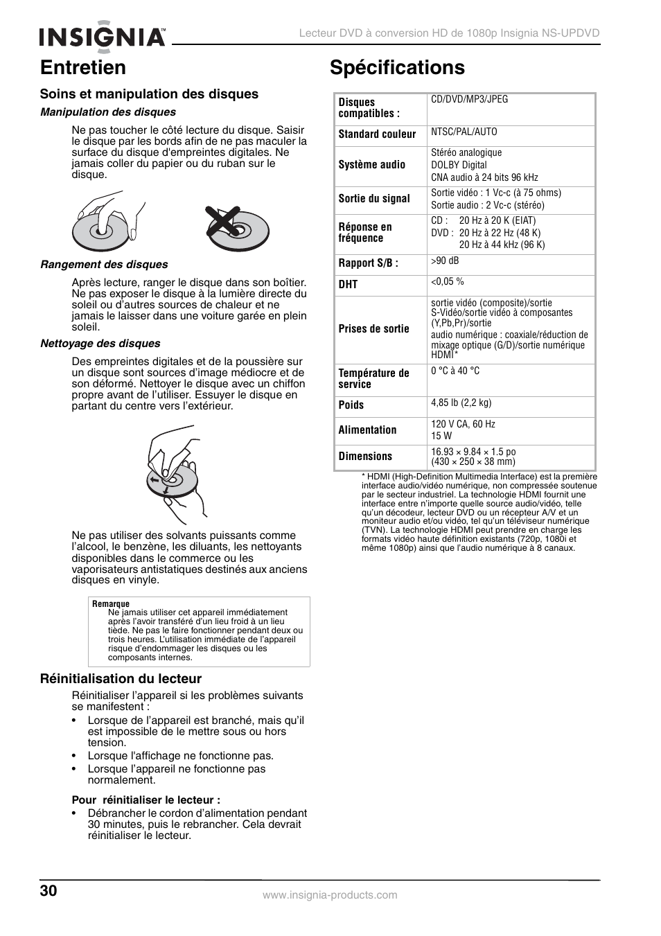Entretien, Soins et manipulation des disques, Manipulation des disques | Rangement des disques, Nettoyage des disques, Réinitialisation du lecteur, Spécifications, Entretien spécifications | Insignia NS-UPDVD User Manual | Page 30 / 52