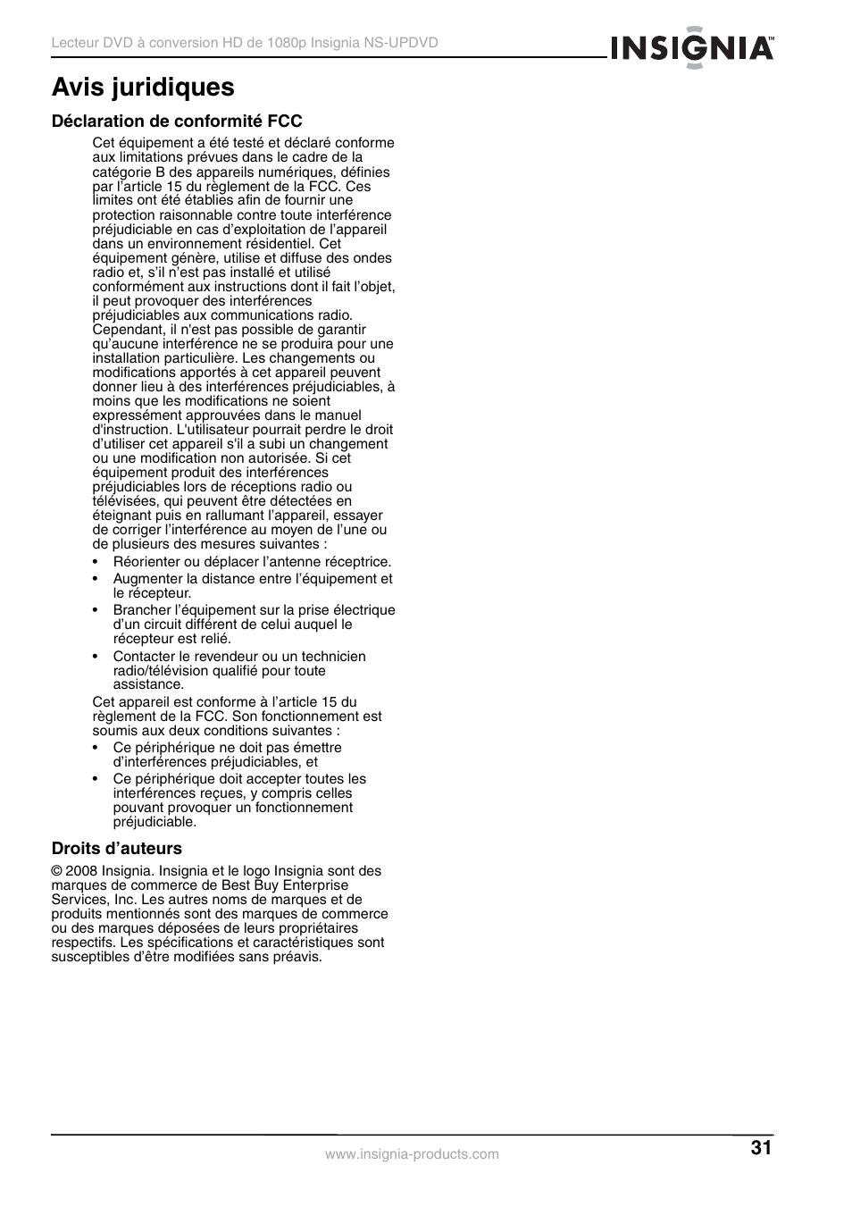 Avis juridiques, Déclaration de conformité fcc, Droits d’auteurs | Insignia NS-UPDVD User Manual | Page 31 / 52