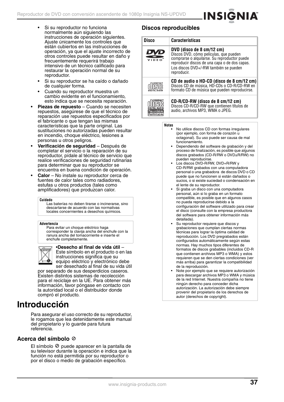 Introducción, Acerca del símbolo, Discos reproducibles | Insignia NS-UPDVD User Manual | Page 37 / 52