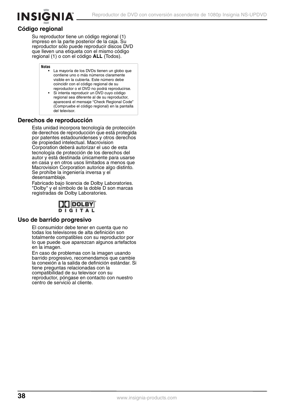 Código regional, Derechos de reproducción, Uso de barrido progresivo | Insignia NS-UPDVD User Manual | Page 38 / 52