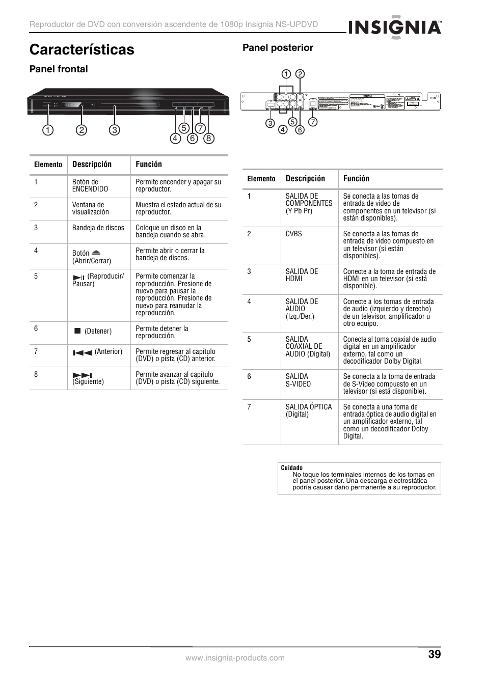 Características, Panel frontal, Panel posterior | Panel frontal panel posterior | Insignia NS-UPDVD User Manual | Page 39 / 52