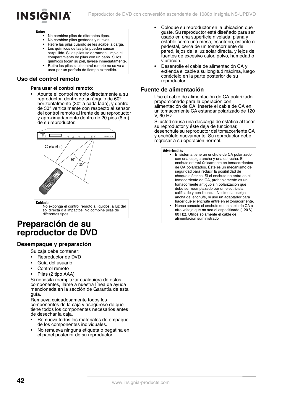 Uso del control remoto, Preparación de su reproductor de dvd, Desempaque y preparación | Fuente de alimentación | Insignia NS-UPDVD User Manual | Page 42 / 52