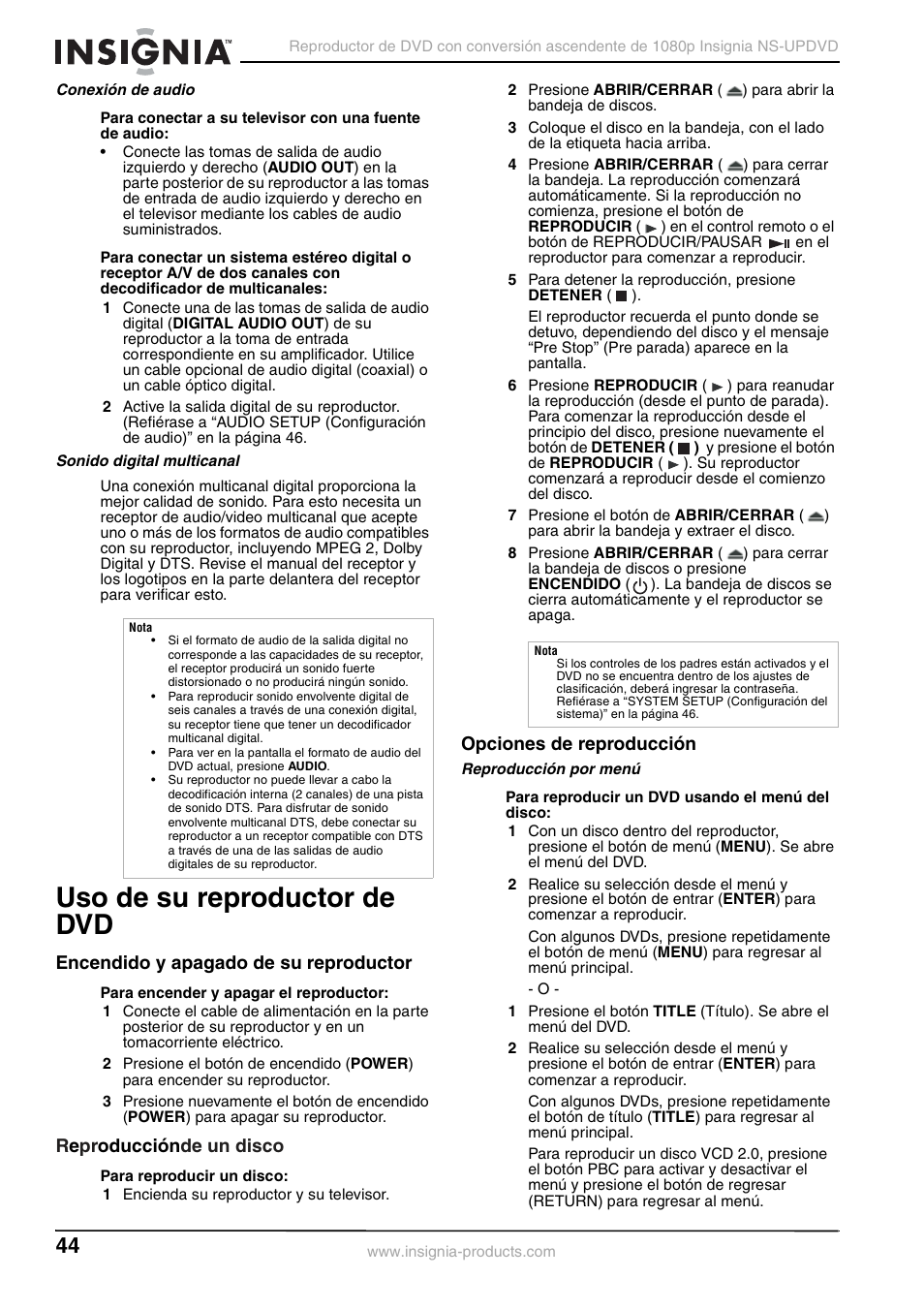 Conexión de audio, Sonido digital multicanal, Uso de su reproductor de dvd | Encendido y apagado de su reproductor, Reproducciónde un disco, Opciones de reproducción, Reproducción por menú, Re pr oducción de un disco | Insignia NS-UPDVD User Manual | Page 44 / 52