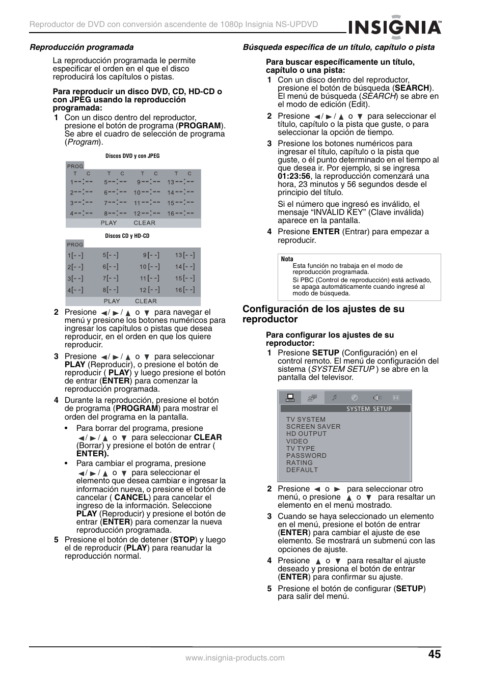 Reproducción programada, Búsqueda específica de un título, capítulo o pista, Configuración de los ajustes de su reproductor | Insignia NS-UPDVD User Manual | Page 45 / 52