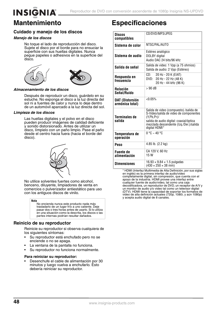 Mantenimiento, Cuidado y manejo de los discos, Manejo de los discos | Almacenamiento de los discos, Limpieza de los discos, Reinicio de su reproductor, Especificaciones, Mantenimiento especificaciones | Insignia NS-UPDVD User Manual | Page 48 / 52