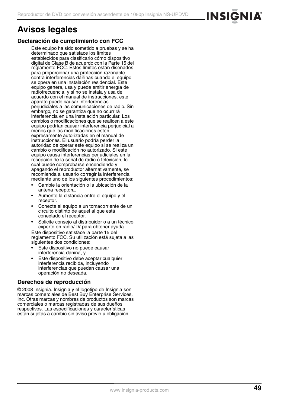 Avisos legales, Declaración de cumplimiento con fcc, Derechos de reproducción | Insignia NS-UPDVD User Manual | Page 49 / 52