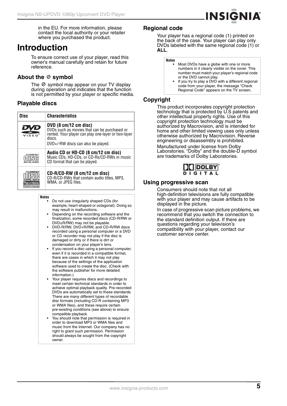Introduction, About the symbol, Playable discs | Regional code, Copyright, Using progressive scan, About the, Symbol, Playable discs regional code | Insignia NS-UPDVD User Manual | Page 5 / 52