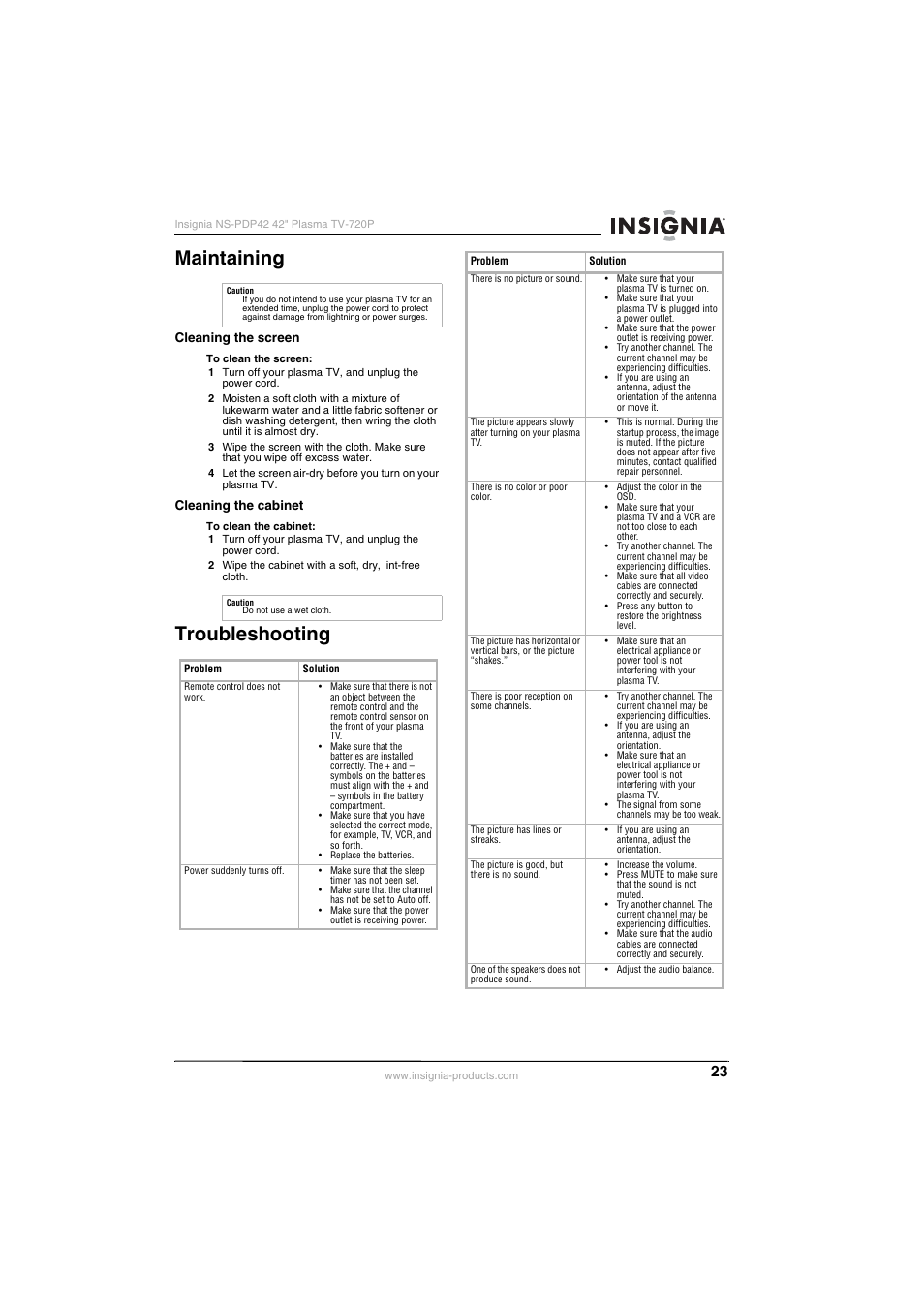 Maintaining, Troubleshooting | Insignia NS-PDP42 User Manual | Page 25 / 98
