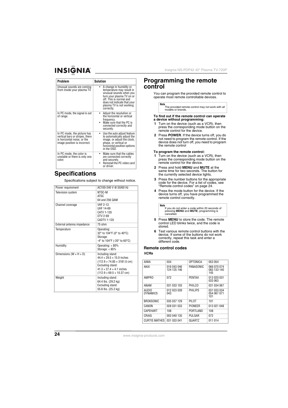 Specifications, Programming the remote control | Insignia NS-PDP42 User Manual | Page 26 / 98