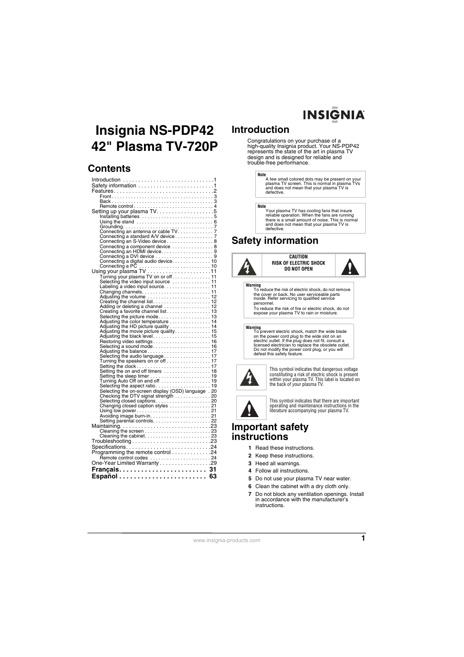 Insignia NS-PDP42 User Manual | Page 3 / 98