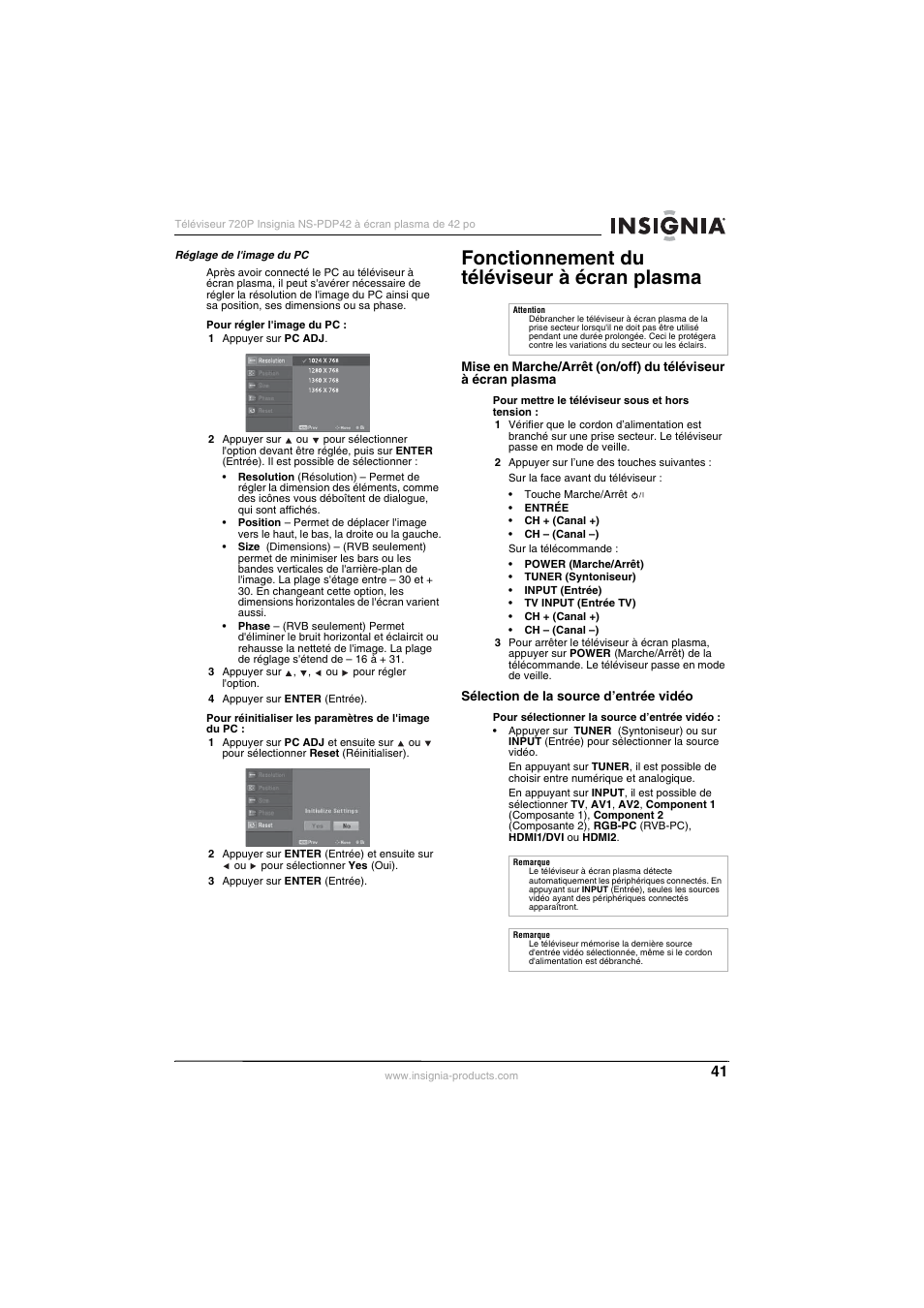 Fonctionnement du téléviseur à écran plasma | Insignia NS-PDP42 User Manual | Page 43 / 98