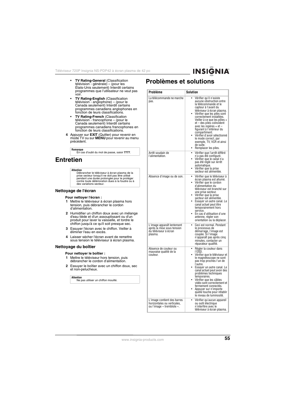 Entretien, Problèmes et solutions | Insignia NS-PDP42 User Manual | Page 57 / 98
