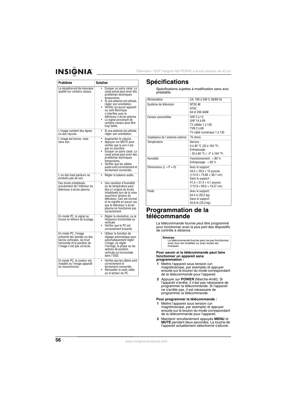 Spécifications, Programmation de la télécommande | Insignia NS-PDP42 User Manual | Page 58 / 98
