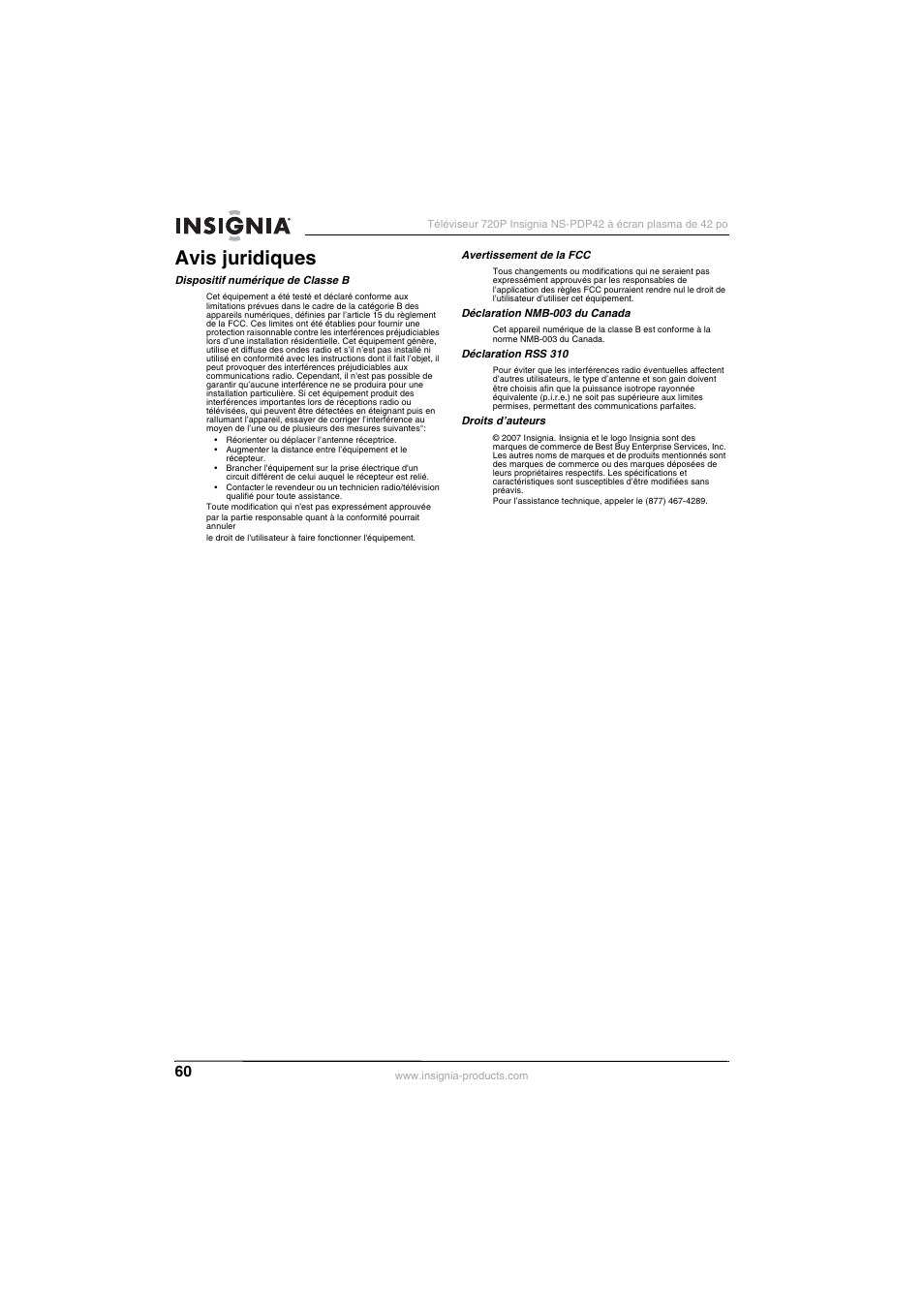 Avis juridiques | Insignia NS-PDP42 User Manual | Page 62 / 98