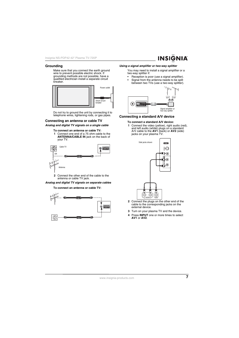 Grounding, Connecting an antenna or cable tv, Connecting a standard a/v device | Insignia NS-PDP42 User Manual | Page 9 / 98