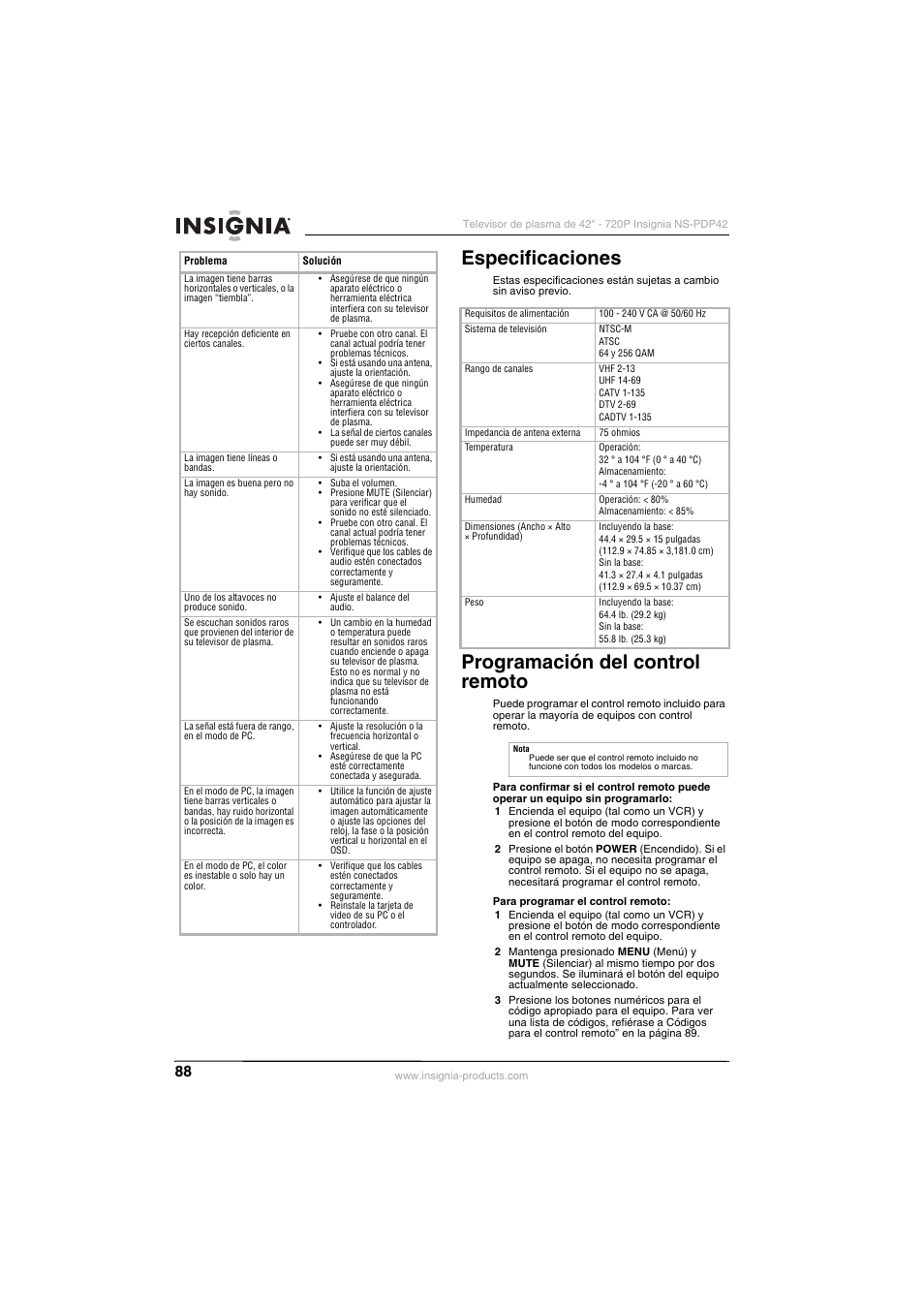 Especificaciones, Programación del control remoto | Insignia NS-PDP42 User Manual | Page 90 / 98